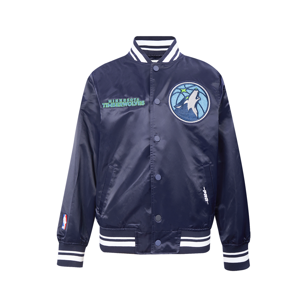 NBA MINNESOTA TIMBERWOLVES RETRO CLASSIC BLOUSON EN SATIN À BORDS CÔTELÉS POUR GARÇON JUNIOR (MARINE MINUIT)