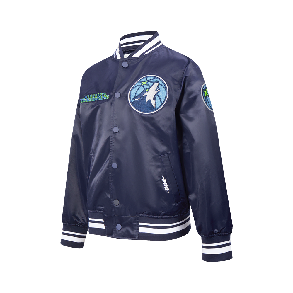 NBA MINNESOTA TIMBERWOLVES RETRO CLASSIC BLOUSON EN SATIN À BORDS CÔTELÉS POUR GARÇON JUNIOR (MARINE MINUIT)