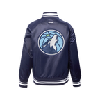 NBA MINNESOTA TIMBERWOLVES RETRO CLASSIC BLOUSON EN SATIN À BORDS CÔTELÉS POUR GARÇON JUNIOR (MARINE MINUIT)
