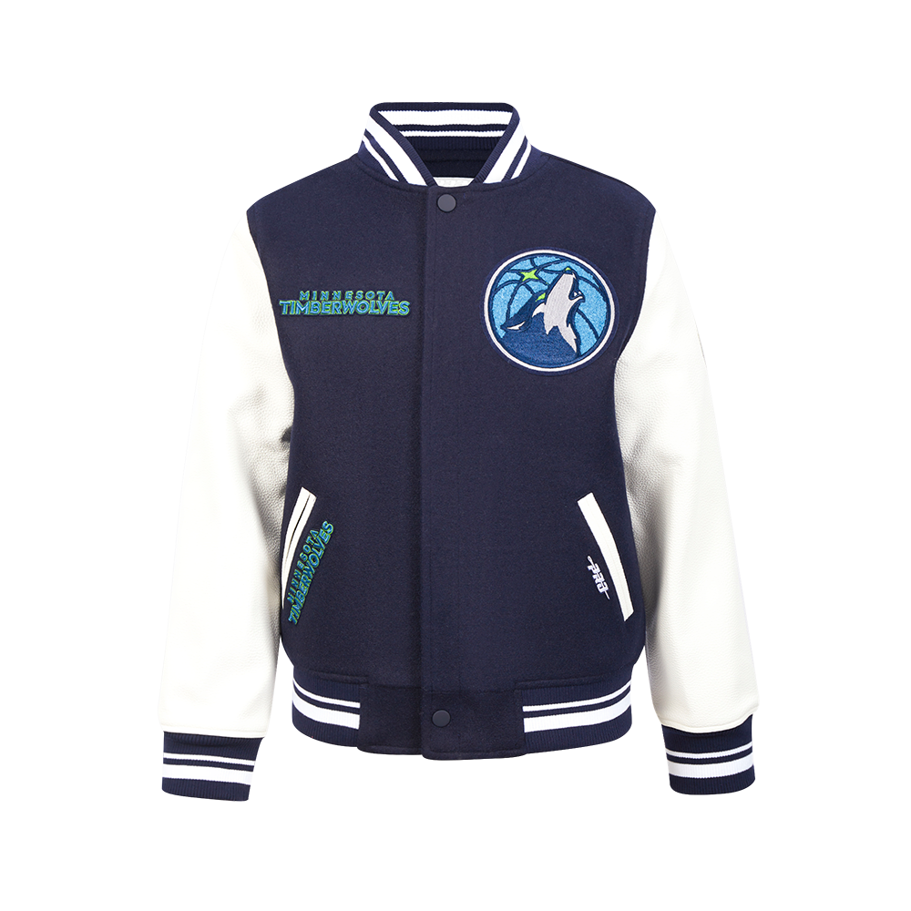 NBA MINNESOTA TIMBERWOLVES RETRO CLASSICS BLOUSON COLLÉGIAL POUR GARÇON JUNIOR (MARINE MINUIT/BLANC)