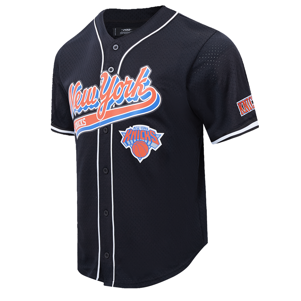 NBA NEW YORK KNICKS SCRIPT TAIL MEN'S MESH BUTTON DOWN SHIRT (BLACK)