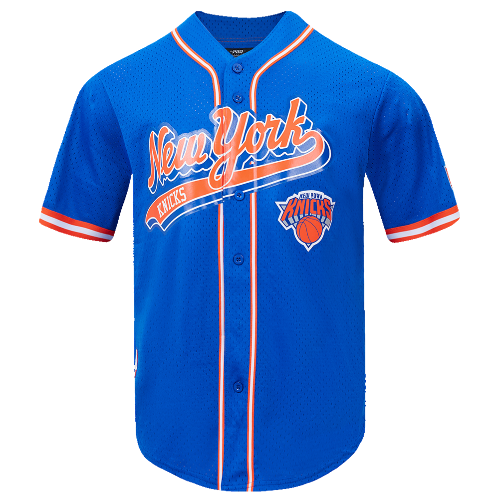 NBA NEW YORK KNICKS SCRIPT TAIL CHEMISE BOUTONNÉE EN FILET POUR HOMME (BLEU ROYAL/ORANGE)