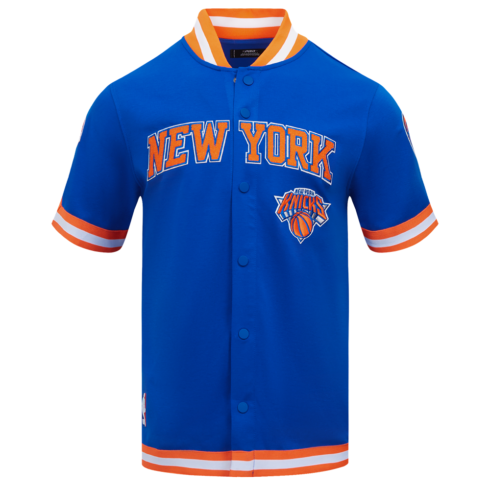 NBA NEW YORK KNICKS CLASSIC BLOUSON PRO EN MAILLE DOUBLE À MANCHES COURTES POUR HOMME (BLEU ROYAL/ORANGE)