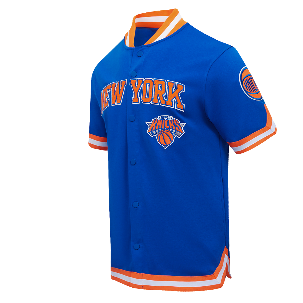 NBA NEW YORK KNICKS CLASSIC BLOUSON PRO EN MAILLE DOUBLE À MANCHES COURTES POUR HOMME (BLEU ROYAL/ORANGE)