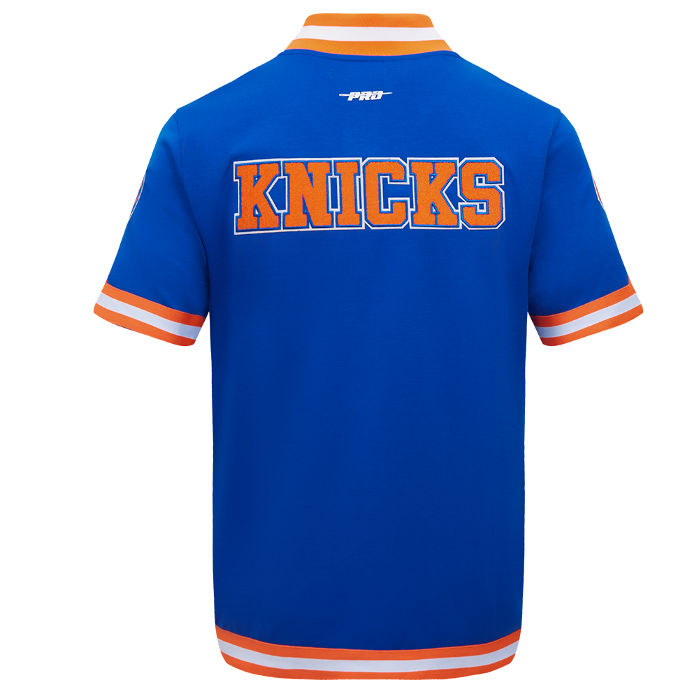 NBA NEW YORK KNICKS CLASSIC BLOUSON PRO EN MAILLE DOUBLE À MANCHES COURTES POUR HOMME (BLEU ROYAL/ORANGE)