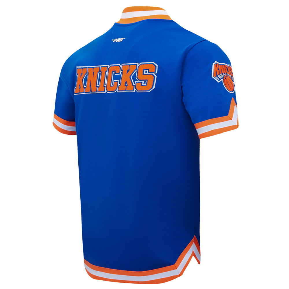 NBA NEW YORK KNICKS CLASSIC BLOUSON PRO EN MAILLE DOUBLE À MANCHES COURTES POUR HOMME (BLEU ROYAL/ORANGE)