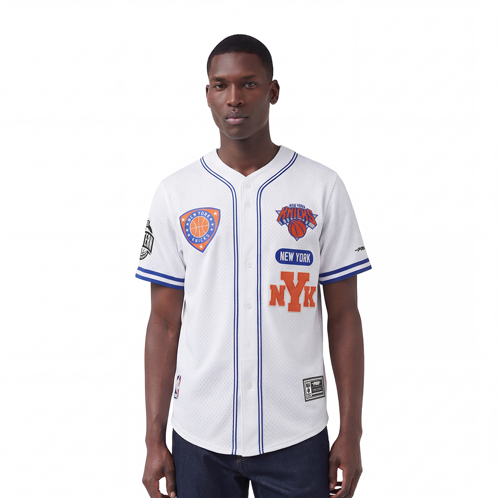 NBA NEW YORK KNICKS LETTERMAN MEN'S BUTTON DOWN MESH TOP (WHITE/ROYAL BLUE)