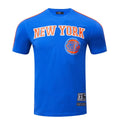 NBA NEW YORK KNICKS T-SHIRT PRO TEAM À BANDES ET À LOGO POUR HOMME (BLEU ROYAL/ORANGE)