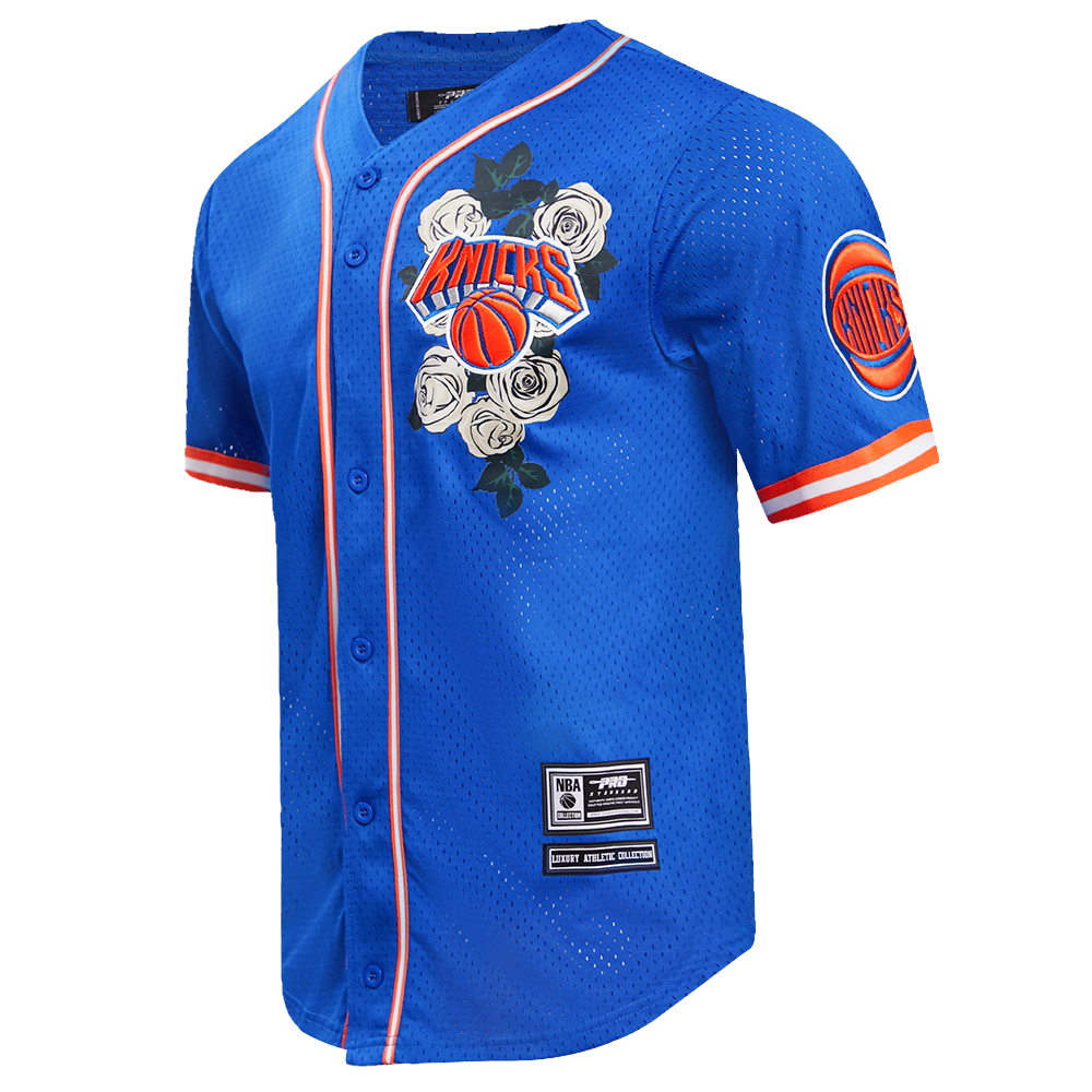 Maillot NBA NEW YORK KNICKS ROSES pour homme en maille boutonnée (bleu roi/orange)
