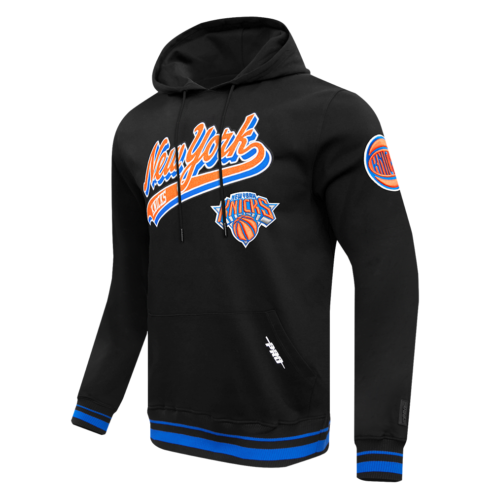 NBA NEW YORK KNICKS SCRIPT TAIL MEN'S RIB FLEECE PULLOVER HOODIE (BLACK/ROYAL BLUE/BLACK)