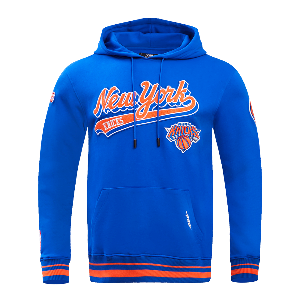 NBA NEW YORK KNICKS SCRIPT TAIL CHANDAIL À CAPUCHON EN MOLLETON CÔTELÉ POUR HOMME (BLEU ROYAL/ORANGE/BLEU ROYAL)