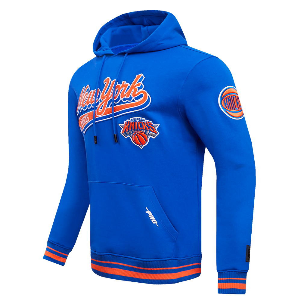 NBA NEW YORK KNICKS SCRIPT TAIL MEN'S RIB FLEECE PULLOVER HOODIE (ROYAL/ORANGE/ROYAL)
