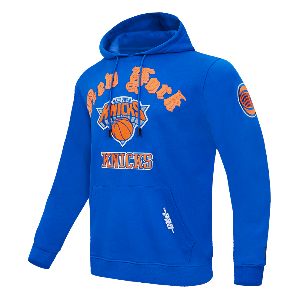 NBA NEW YORK KNICKS OLD ENGLISH MEN'S PULLOVER HOODIE (ROYAL BLUE)