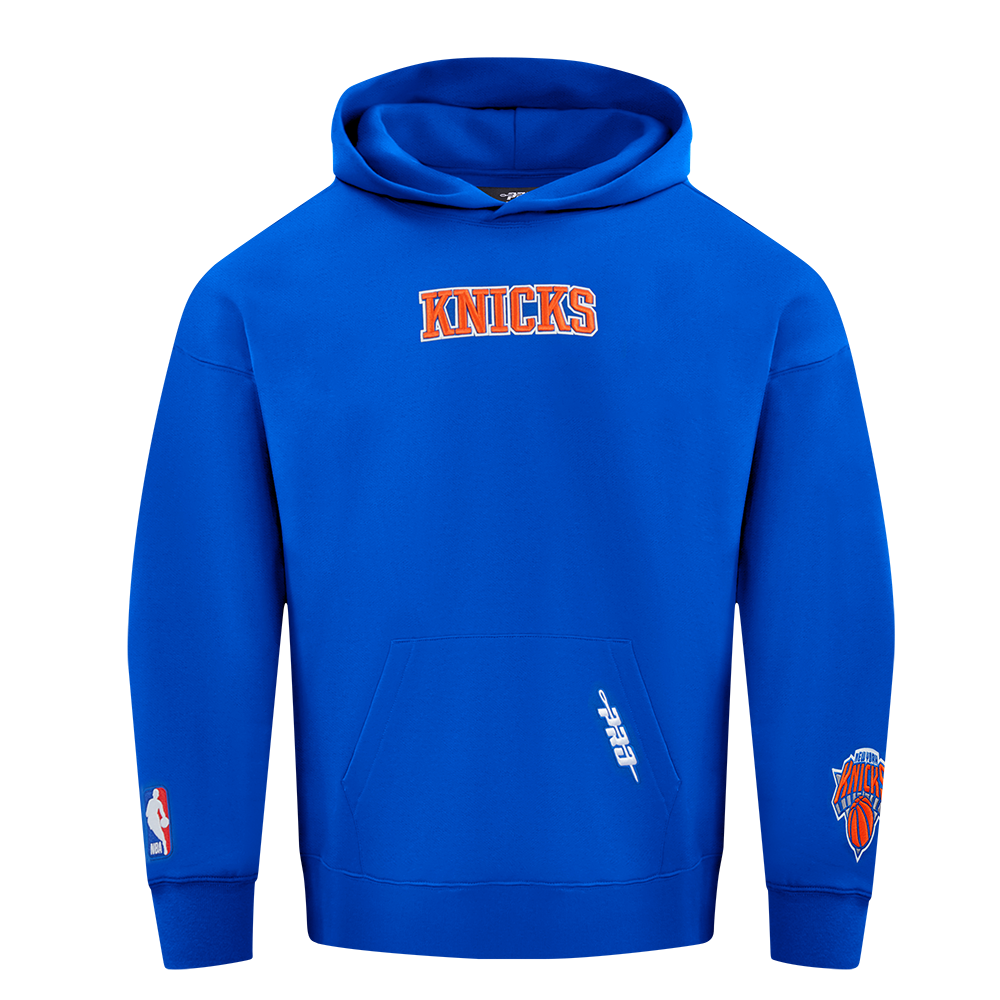NBA NEW YORK KNICKS WINGSPAN MEN'S DROP SHOULDER FLEECE PULLOVER HOODIE (ROYAL BLUE)