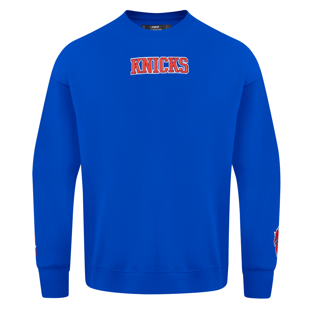NBA NEW YORK KNICKS WINGSPAN MEN'S DROP SHOULDER FLEECE CREWNECK (ROYAL BLUE)