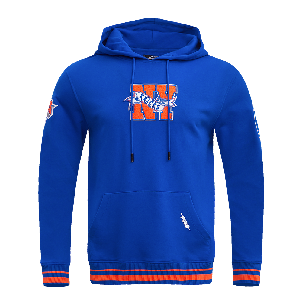 NBA NEW YORK KNICKS TEAM PENNANTS CHANDAIL À CAPUCHON EN MOLLETON CÔTELÉ POUR HOMME (BLEU ROYAL/ORANGE/BLEU ROYAL)