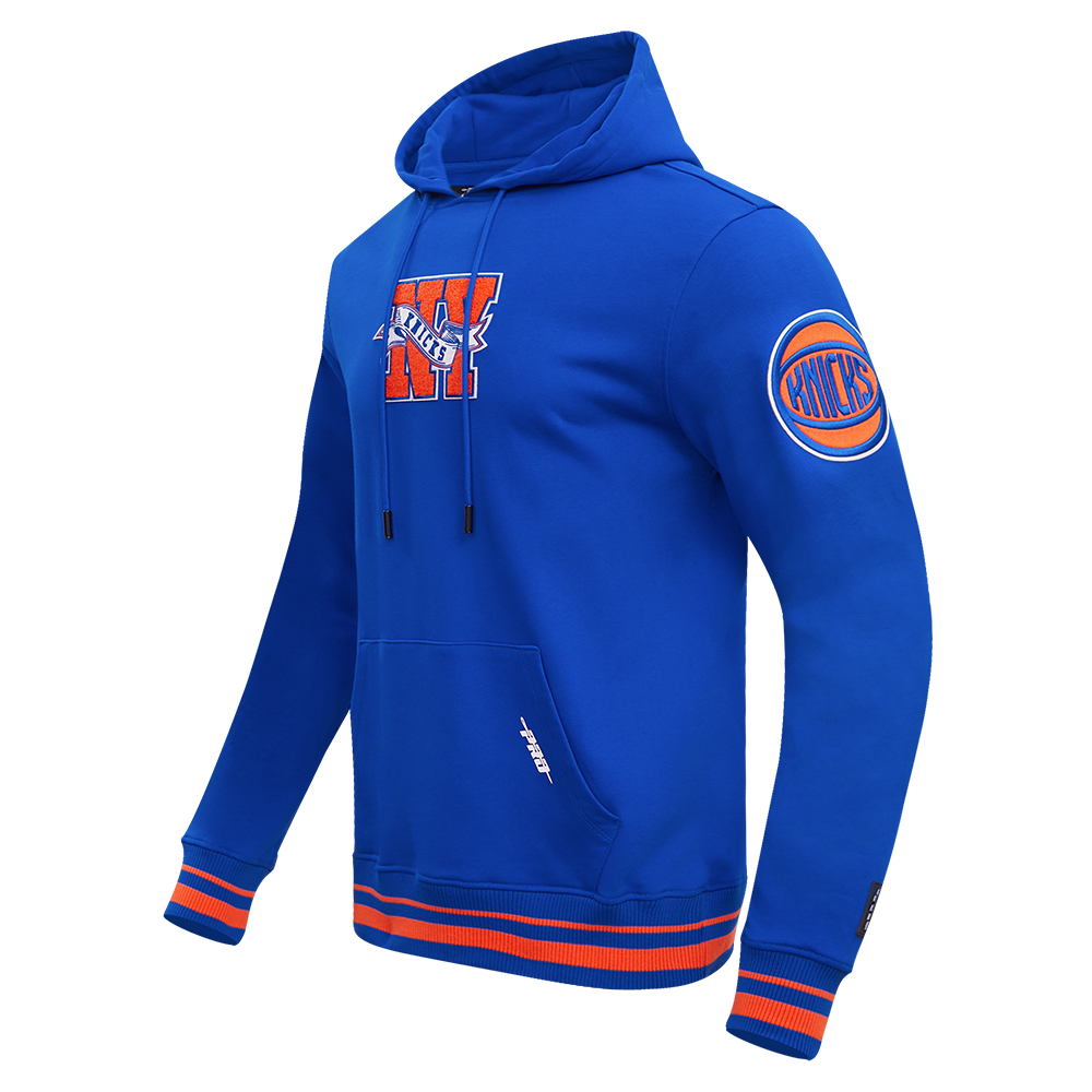 NBA NEW YORK KNICKS TEAM PENNANTS MEN'S RIB FLEECE PULLOVER HOODIE (ROYAL/ORANGE/ROYAL)