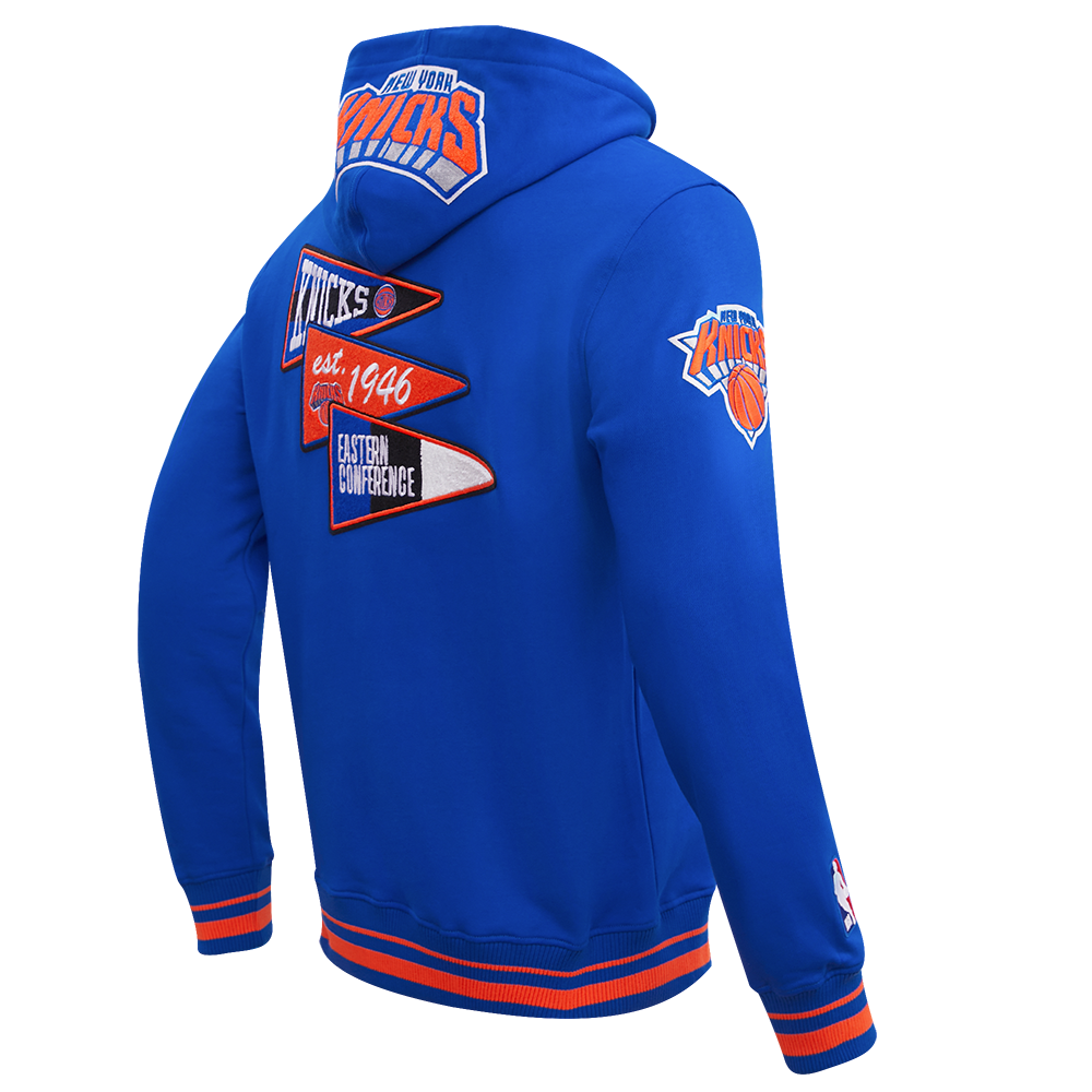 NBA NEW YORK KNICKS TEAM PENNANTS CHANDAIL À CAPUCHON EN MOLLETON CÔTELÉ POUR HOMME (BLEU ROYAL/ORANGE/BLEU ROYAL)