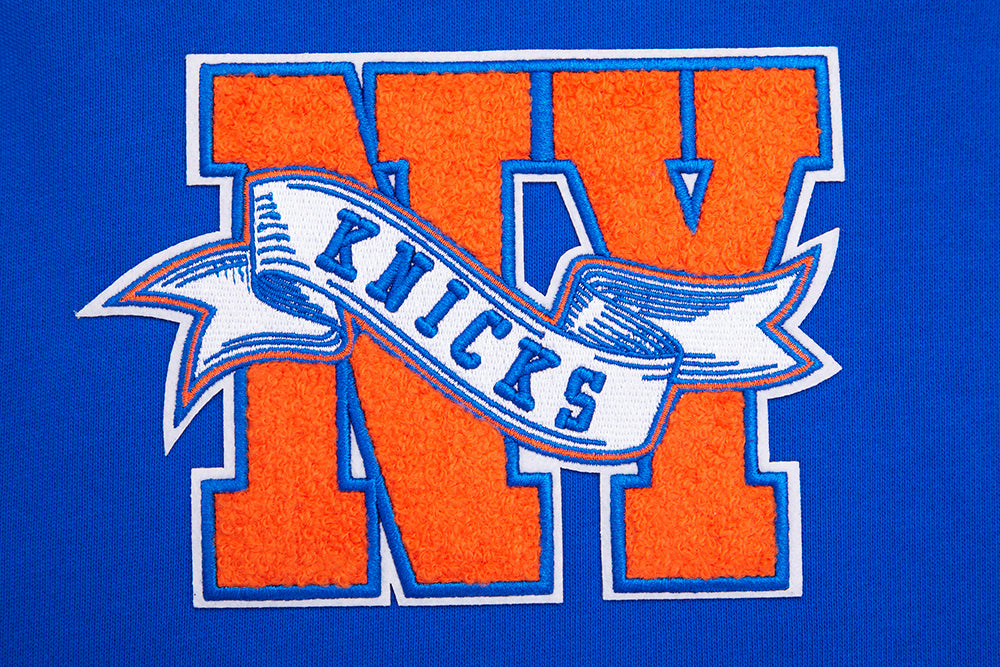 NBA NEW YORK KNICKS TEAM PENNANTS CHANDAIL À CAPUCHON EN MOLLETON CÔTELÉ POUR HOMME (BLEU ROYAL/ORANGE/BLEU ROYAL)