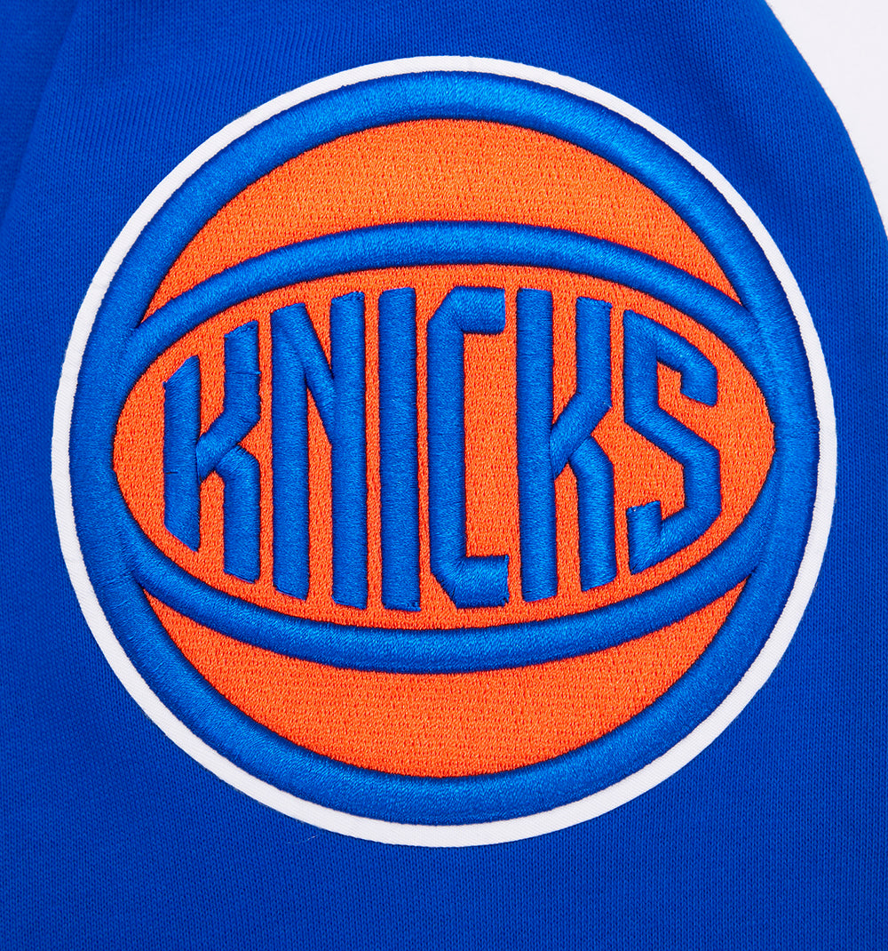 NBA NEW YORK KNICKS TEAM PENNANTS CHANDAIL À CAPUCHON EN MOLLETON CÔTELÉ POUR HOMME (BLEU ROYAL/ORANGE/BLEU ROYAL)