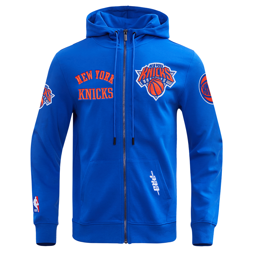 NBA NEW YORK KNICKS CLASSIC WIND SUIT CHANDAIL À CAPUCHON TISSÉ À GLISSIÈRE POUR HOMME (BLEU ROYAL)