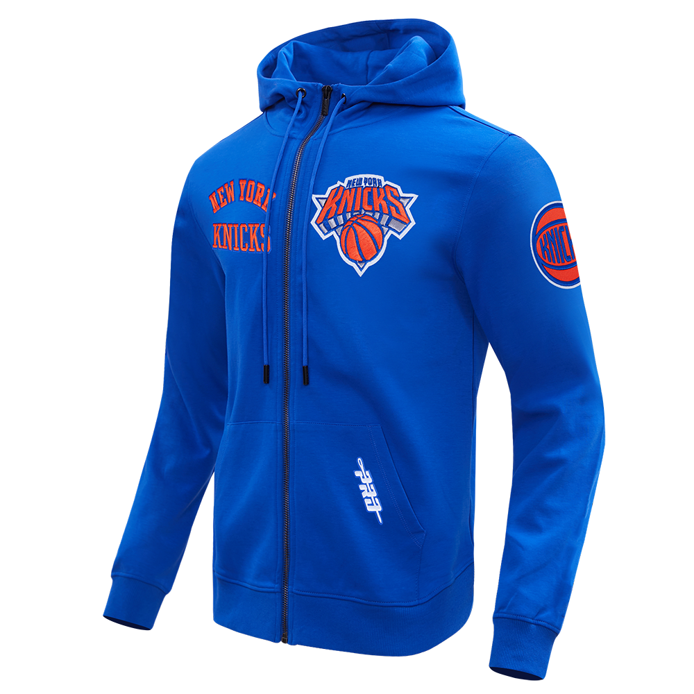 NBA NEW YORK KNICKS CLASSIC WIND SUIT CHANDAIL À CAPUCHON TISSÉ À GLISSIÈRE POUR HOMME (BLEU ROYAL)