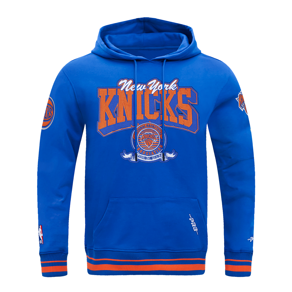 NBA NEW YORK KNICKS TEAM BADGE CHANDAIL À CAPUCHON EN MOLLETON CÔTELÉ POUR HOMME (BLEU ROYAL/ORANGE/BLEU ROYAL)