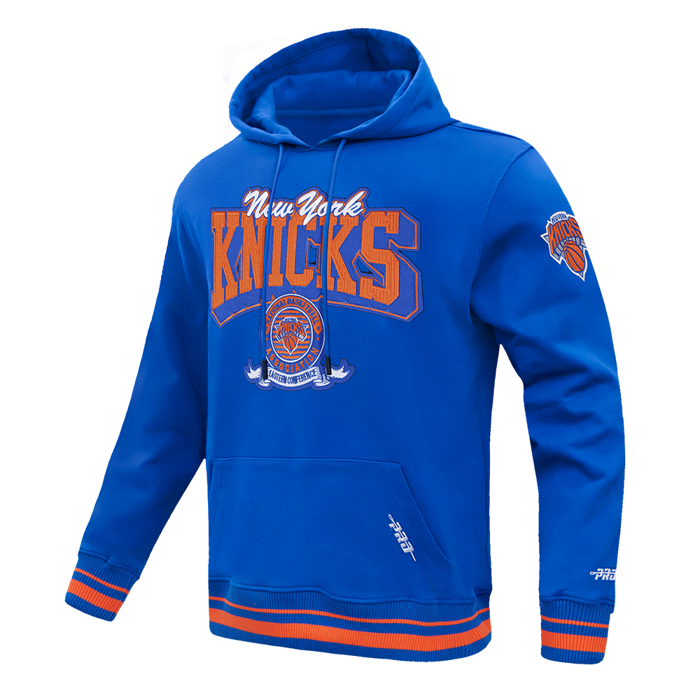NBA NEW YORK KNICKS TEAM BADGE CHANDAIL À CAPUCHON EN MOLLETON CÔTELÉ POUR HOMME (BLEU ROYAL/ORANGE/BLEU ROYAL)