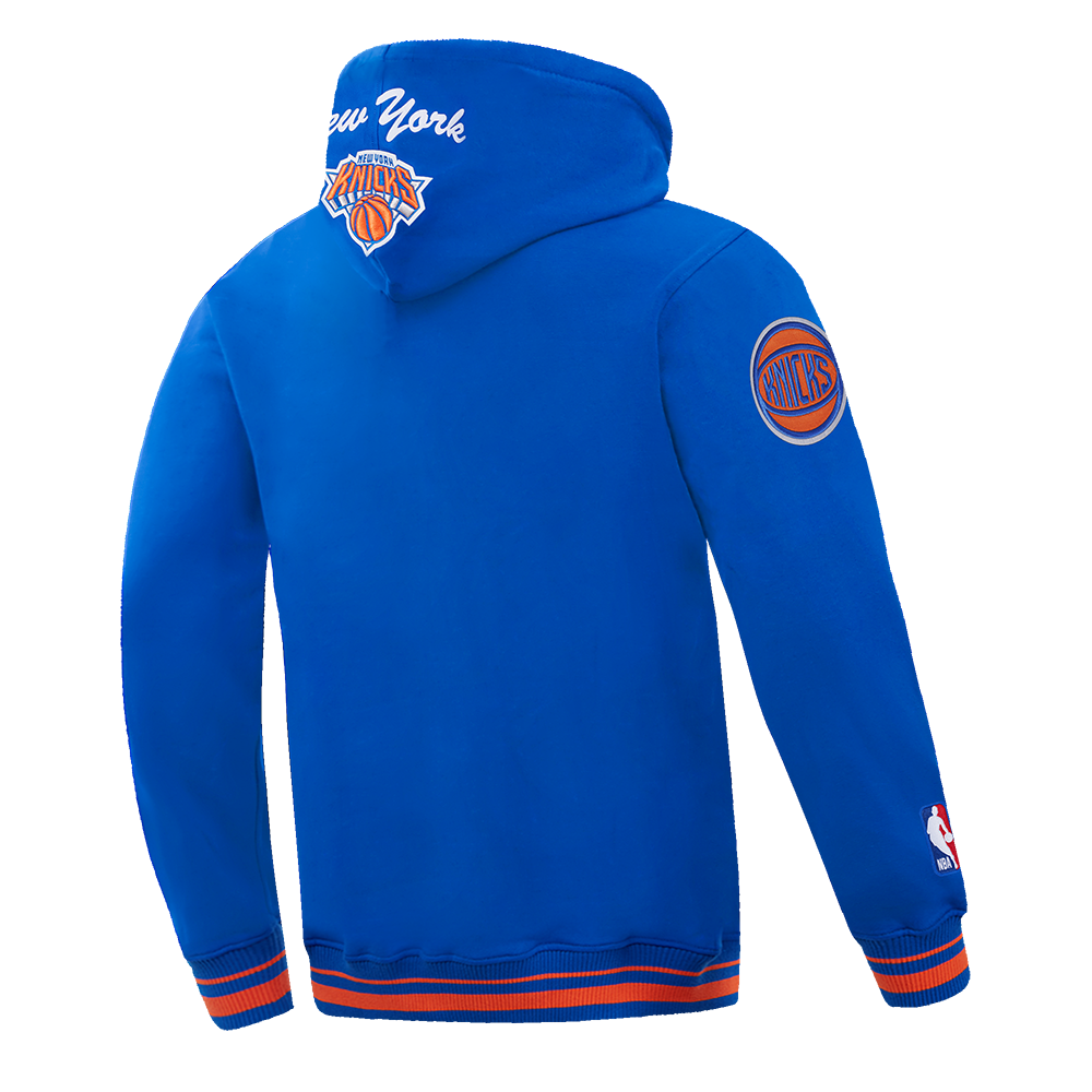 NBA NEW YORK KNICKS TEAM BADGE CHANDAIL À CAPUCHON EN MOLLETON CÔTELÉ POUR HOMME (BLEU ROYAL/ORANGE/BLEU ROYAL)