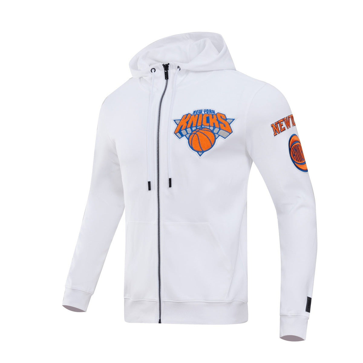NBA NEW YORK KNICKS CLASSIC CHENILLE MEN'S FULL ZIP PULLOVER HOODIE (WHITE)