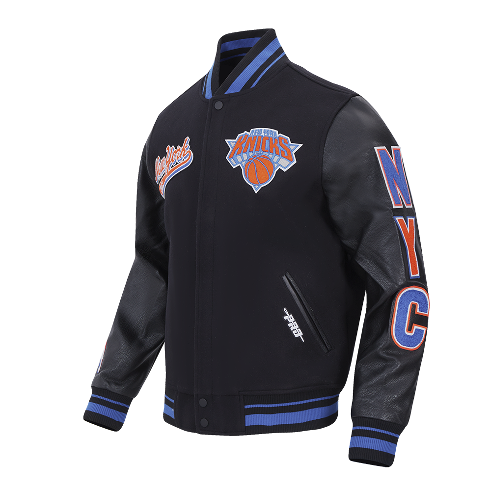 NBA NEW YORK KNICKS SCRIPT TAIL MEN'S RIB WOOL VARSITY (BLACK/ROYAL BLUE/BLACK)