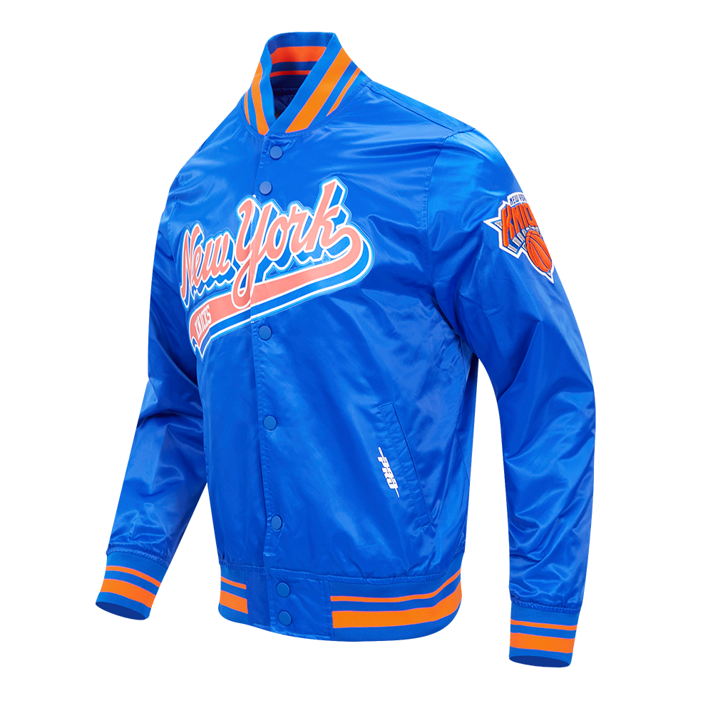 NBA NEW YORK KNICKS SCRIPT TAIL MEN'S SATIN JACKET (ROYAL/ORANGE/ROYAL)