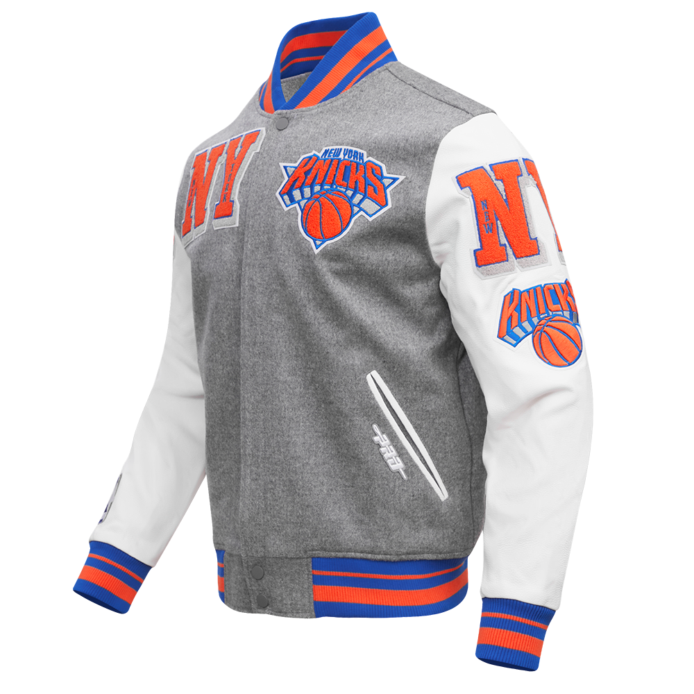 NBA NEW YORK KNICKS MASH UP MEN'S RIB WOOL VARSITY JACKET (HEATHER GREY/ROYAL/ORANGE)