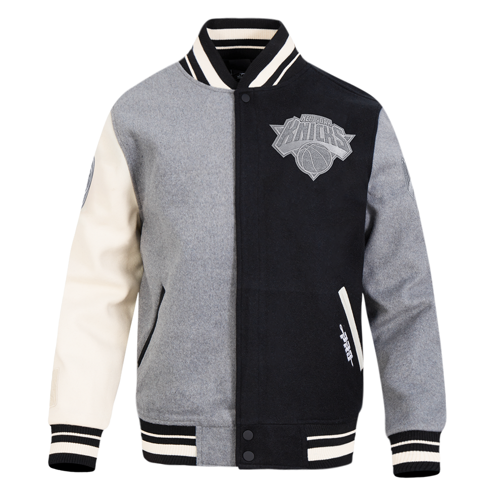 NBA NEW YORK KNICKS REVERSE FRENCH TERRY MEN'S VARSITY JACKET (BLACK/GRAY/EGGSHELL)