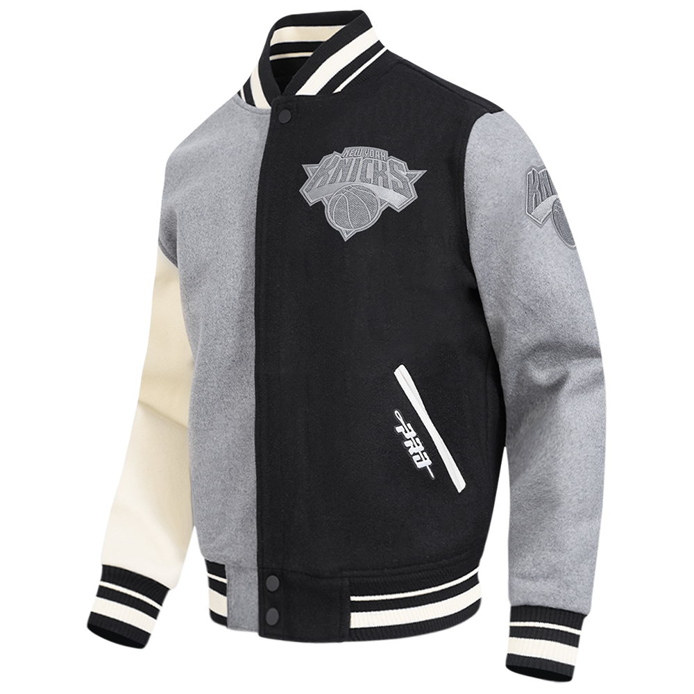 NBA NEW YORK KNICKS REVERSE FRENCH TERRY MEN'S VARSITY JACKET (BLACK/GRAY/EGGSHELL)