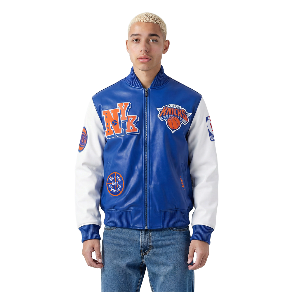 NBA NEW YORK KNICKS BEST OF MEN'S LEATHER VARSITY JACKET (ROYAL BLUE/WHITE)