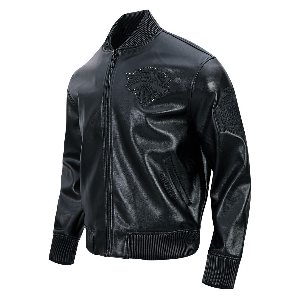 NBA NEW YORK KNICKS BLACKOUT MEN'S LEATHER VARSITY JACKET (JET BLACK)