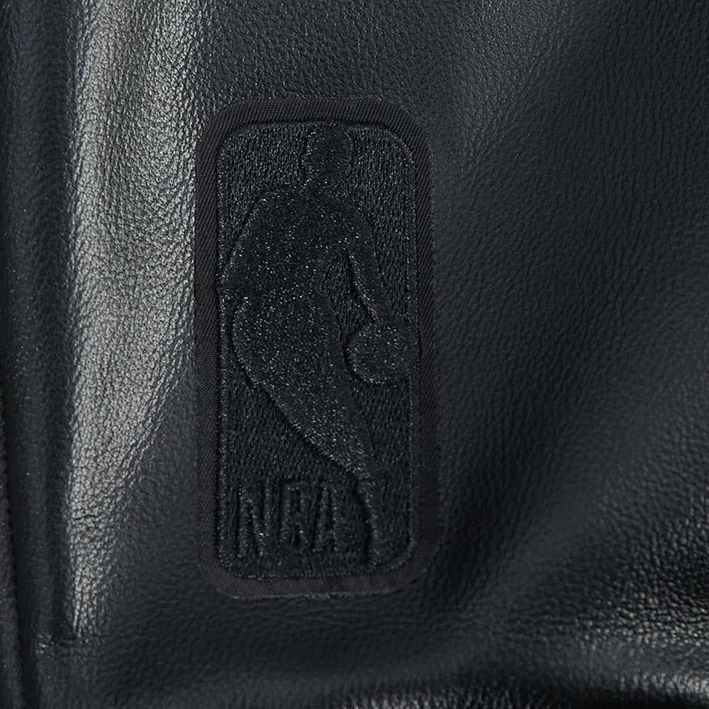NBA NEW YORK KNICKS BLACKOUT MEN'S LEATHER VARSITY JACKET (JET BLACK)