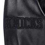 NBA NEW YORK KNICKS BLACKOUT MEN'S LEATHER VARSITY JACKET (JET BLACK)