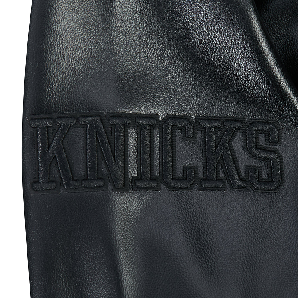 NBA NEW YORK KNICKS BLACKOUT MEN'S LEATHER VARSITY JACKET (JET BLACK)