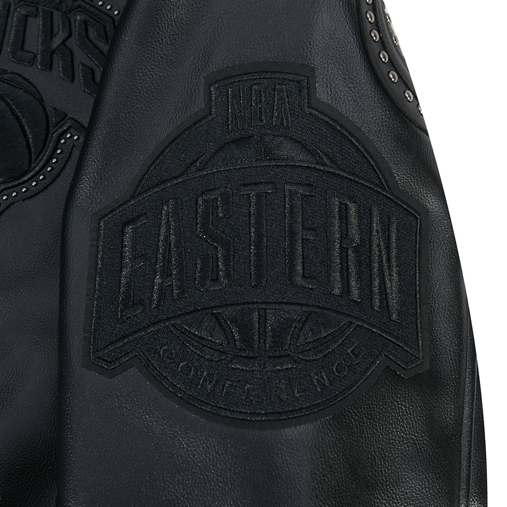 NBA NEW YORK KNICKS BLACKOUT MEN'S LEATHER VARSITY JACKET (JET BLACK)