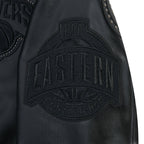 NBA NEW YORK KNICKS BLACKOUT MEN'S LEATHER VARSITY JACKET (JET BLACK)