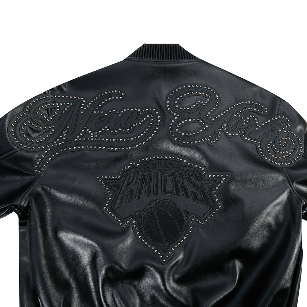 NBA NEW YORK KNICKS BLACKOUT MEN'S LEATHER VARSITY JACKET (JET BLACK)