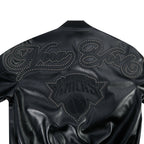 NBA NEW YORK KNICKS BLACKOUT MEN'S LEATHER VARSITY JACKET (JET BLACK)