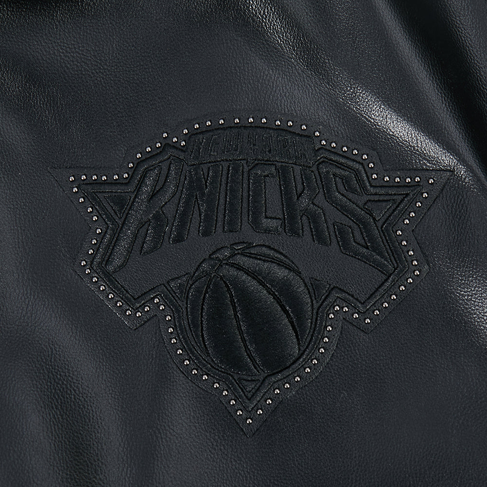 NBA NEW YORK KNICKS BLACKOUT MEN'S LEATHER VARSITY JACKET (JET BLACK)