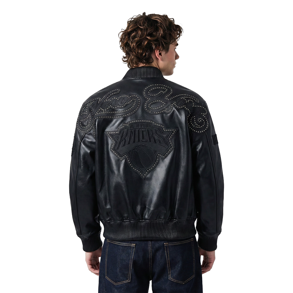 NBA NEW YORK KNICKS BLACKOUT MEN'S LEATHER VARSITY JACKET (JET BLACK)