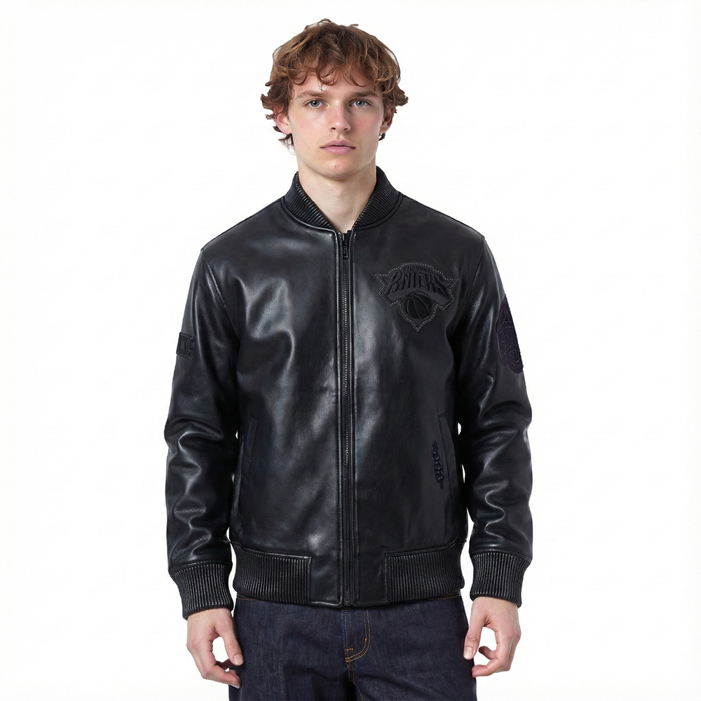 NBA NEW YORK KNICKS BLACKOUT MEN'S LEATHER VARSITY JACKET (JET BLACK)