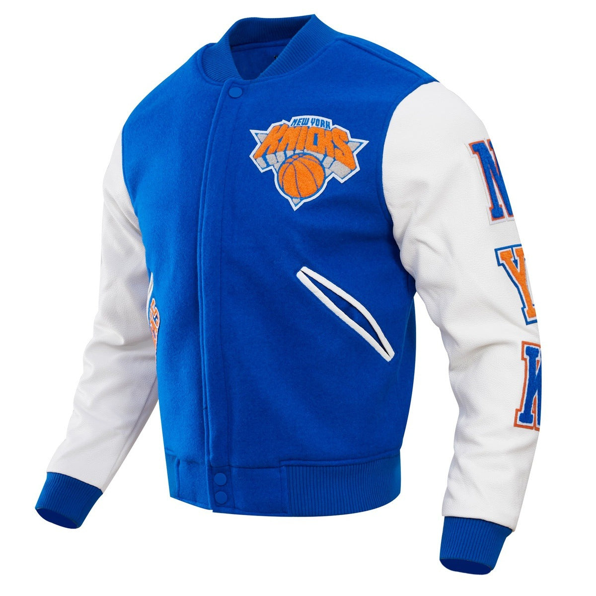 NBA NEW YORK KNICKS CLASSIC BLOUSON COLLÉGIAL EN LAINE POUR HOMME (BLEU ROYAL/BLANC)