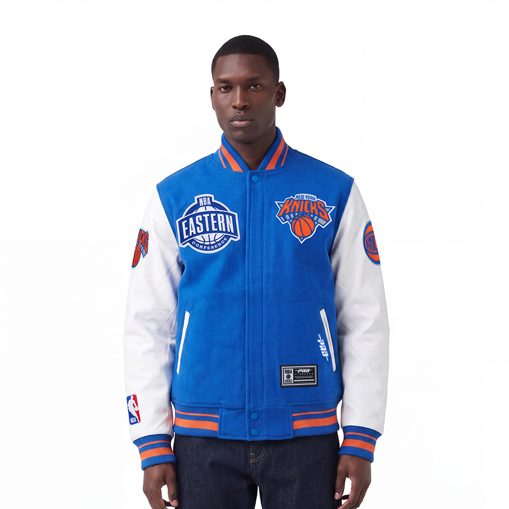 NBA NEW YORK KNICKS MEN'S VARSITY JACKET (ROYAL/ORANGE/ROYAL)