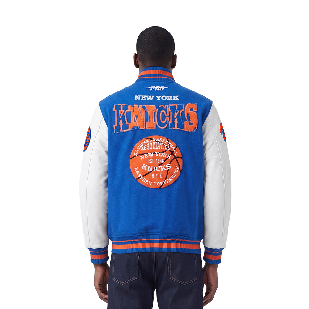 NBA NEW YORK KNICKS MEN'S VARSITY JACKET (ROYAL/ORANGE/ROYAL)